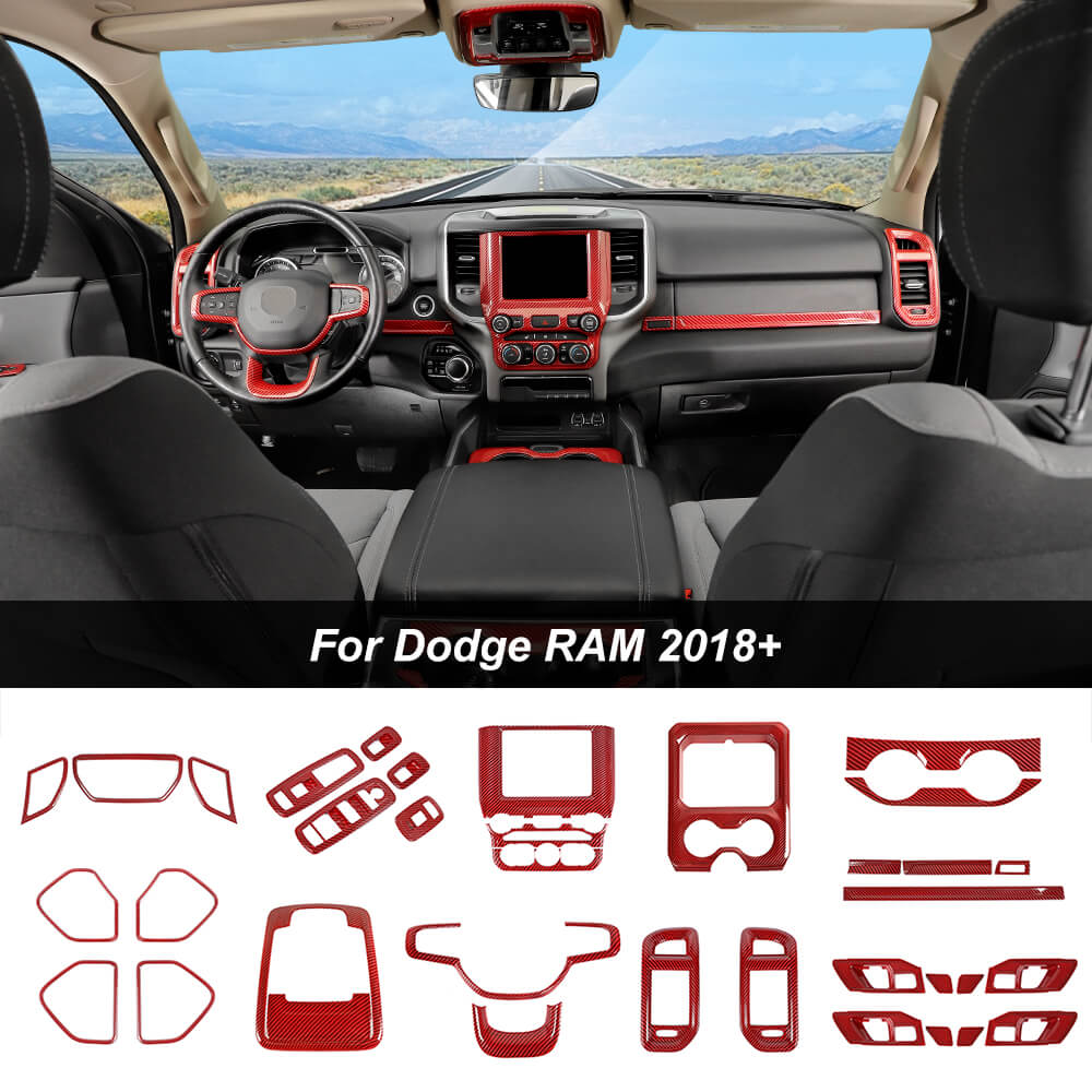 34pcs/set Interior Decoration Kit Trim Cover For Dodge Ram 2018+ Red Carbon Fiber｜CheroCar