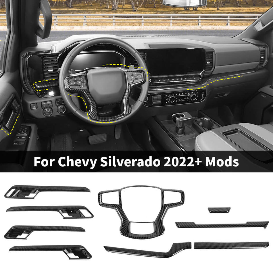 For 2022+ Chevy Silverado Inner Steering Wheel Panel/Center Console/Door Handle Cover Trim Kit（9 pcs）