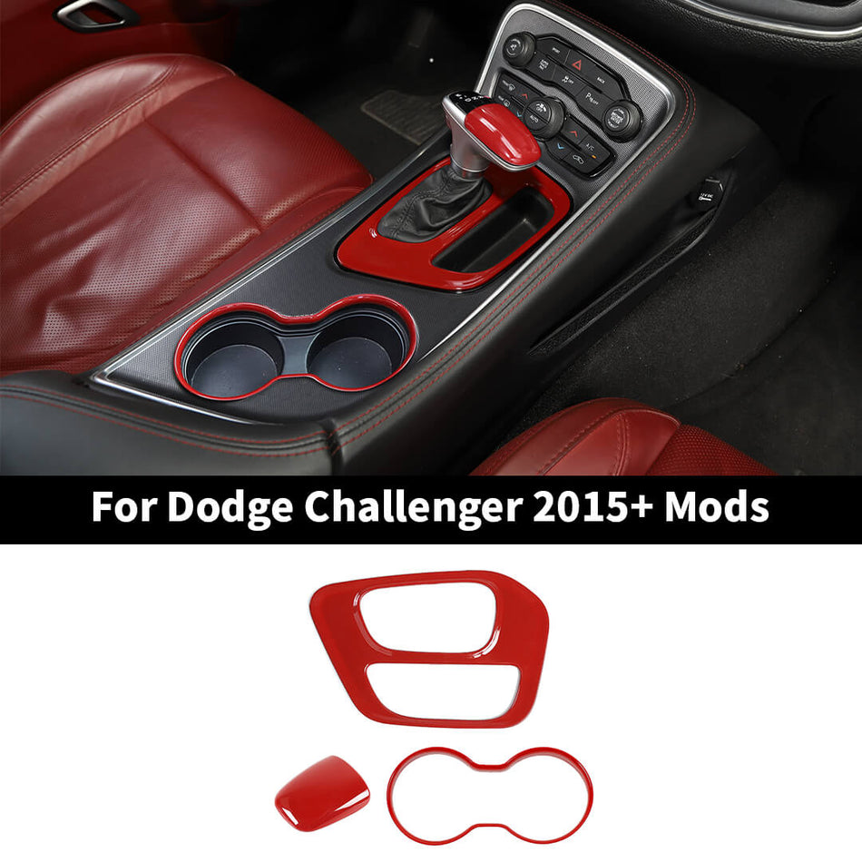 For 2015+ Dodge Challenger Interior Center Gear Shift Panel Cup Holder Cover Trim Kit (3 pcs)