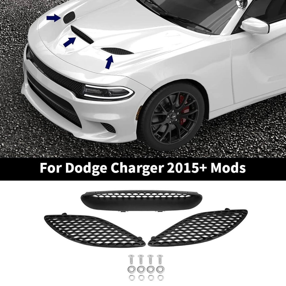 For 2015+ Dodge Charger SRT Front Engine Hood Bezel Vent Trim Grille Kit Replacement (3 pcs)