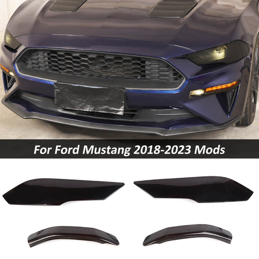 For 2018-2023 Ford Mustang Smoked Black Front Lamp Covers Fog & Head Light Trim Cover