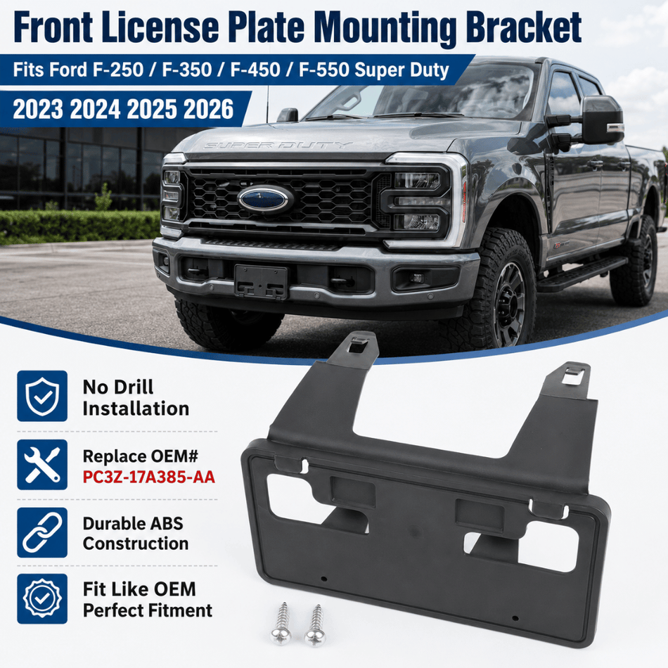 For 2023+ Ford F250/F350/F450/F550 No-Drill Front License Plate Bracket Holder Frame Cover Replacement # PC3Z-17A385-AA FO1068203
