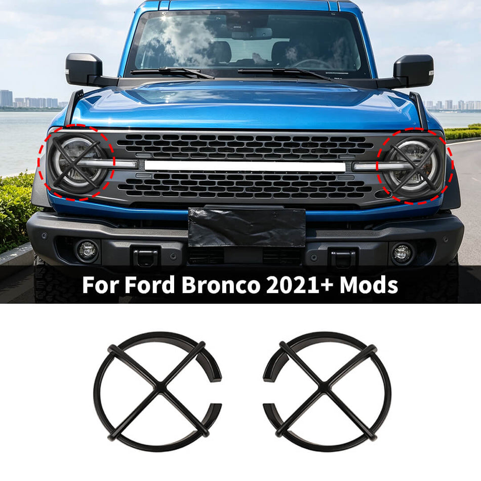 For 2021+ Ford Bronco Exterior Front Headlight Lamp Protector Cover Trim Bezels (2 pcs)
