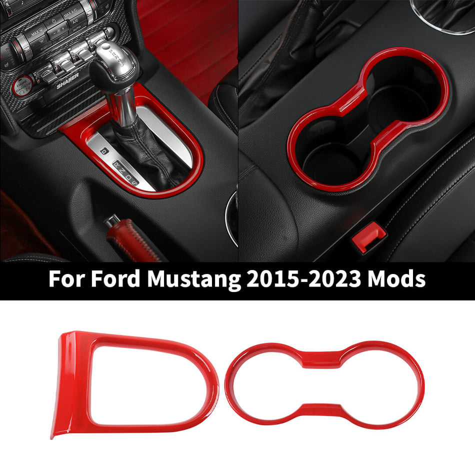 For 2015-2023 Ford Mustang Front Cup Holder Gear Shift Frame Decor Cover Bezel Trim (2 pcs)