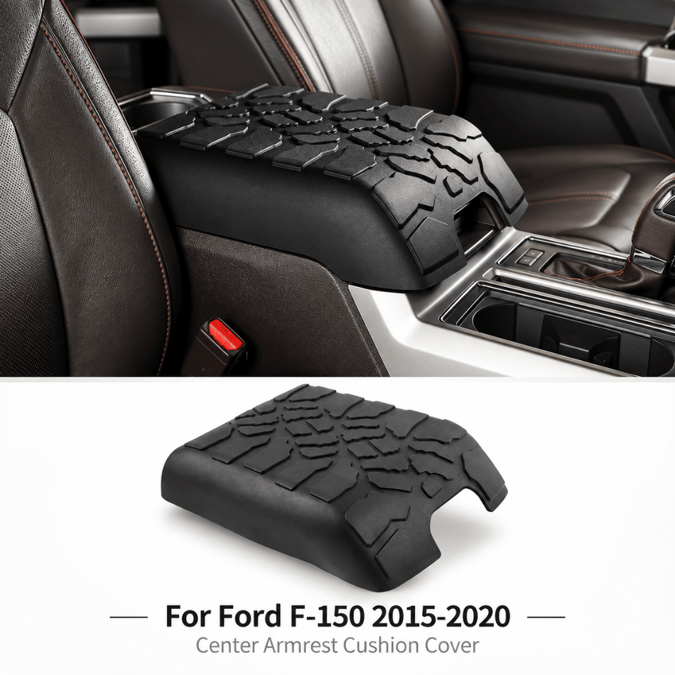 For 2015-2020 Ford F-150 Center Armrest Cushion Cover, Soft Rubber Armrest Pad Protector with Off-Road Tire Tread Design