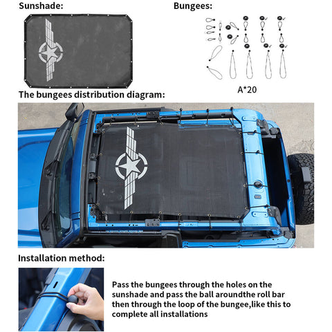 For 2021+ Ford Bronco Car Roof Top Mesh Sun Shade Cover Net