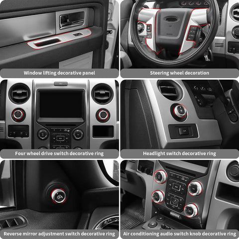 For 2013-2014 Ford F150 Raptor 14 x Steering Wheel / Window Control Panel / Center Console Knob Trim Kit