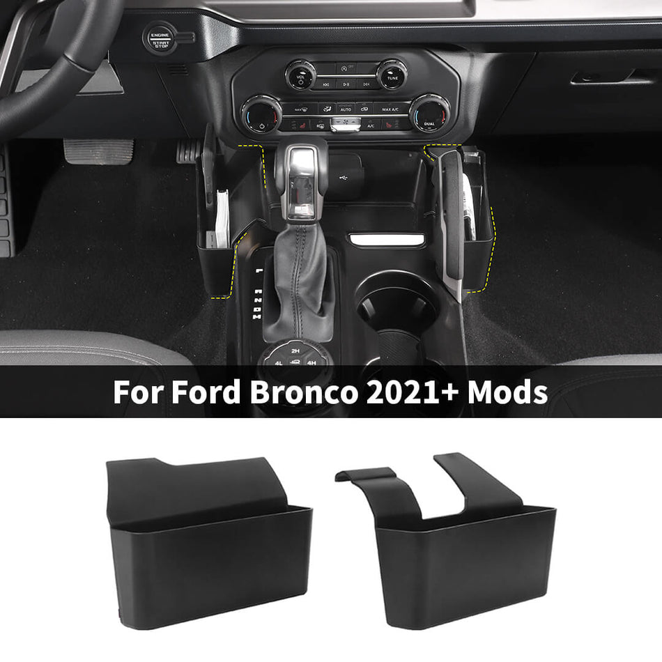 For 2021+ Ford Bronco Center Gear Shift Side Storage Box Organizer Tray Black (2 pcs)