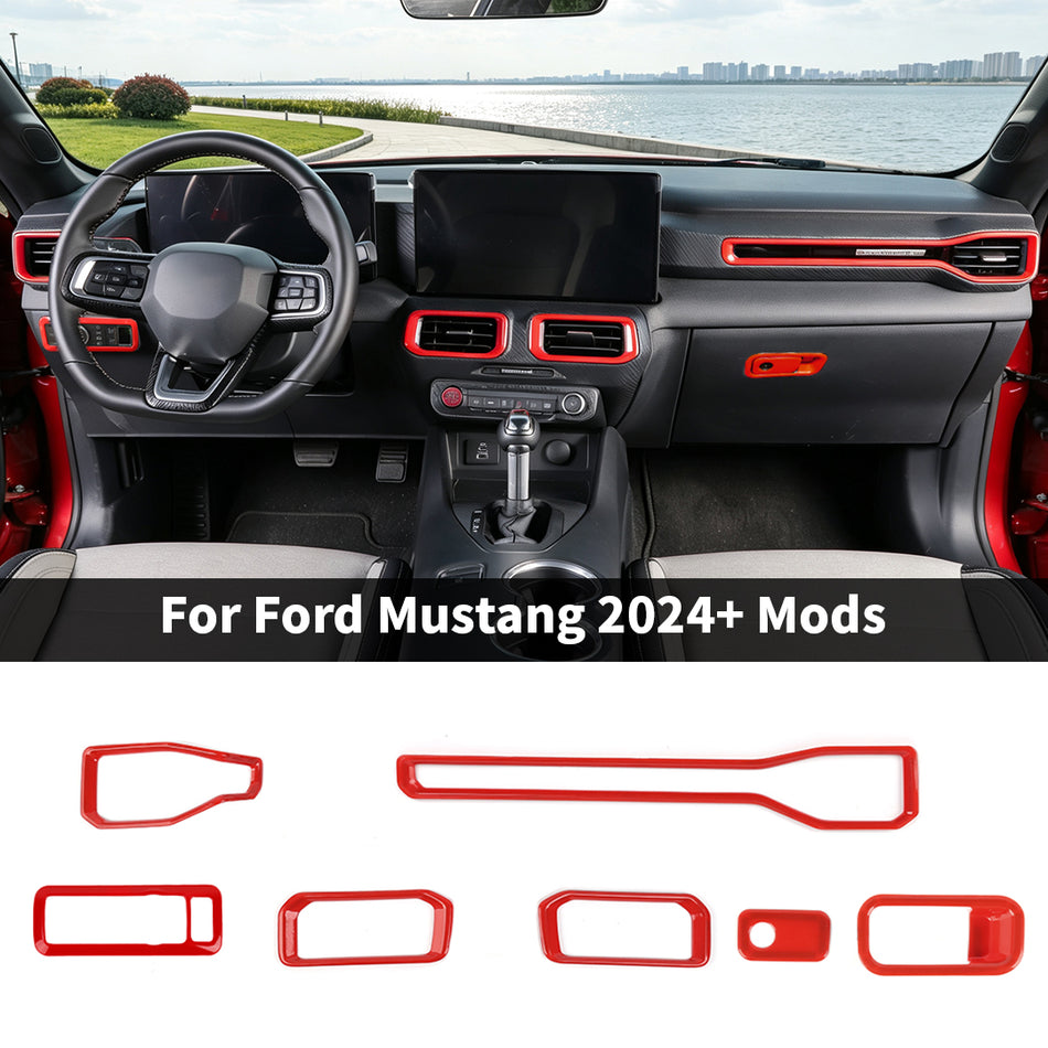 For 2024+ Ford Mustang Center Console Dashboard Interior Trim Kit （7 pcs）-– AC Vent, Storage & Headlight Switch Covers