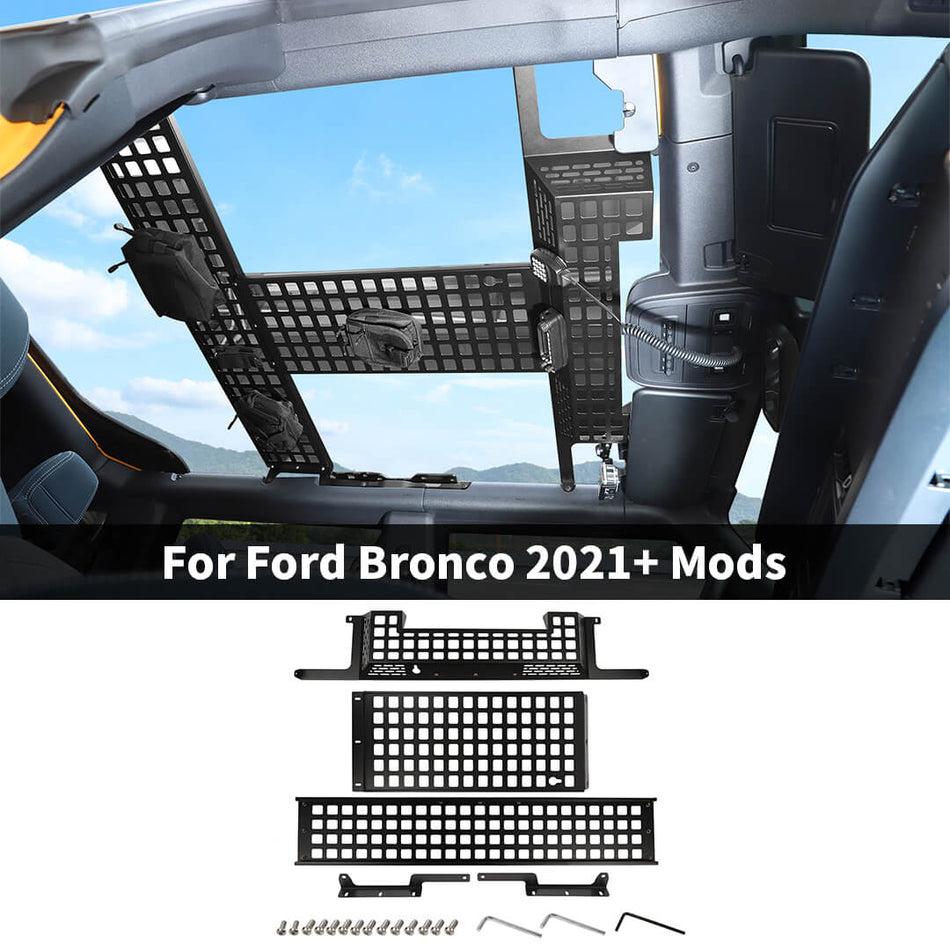For 2021+ Ford Bronco Heavy Duty Roof Overhead Storage Molle Panel Rack Bracket Organizer (5 pcs)